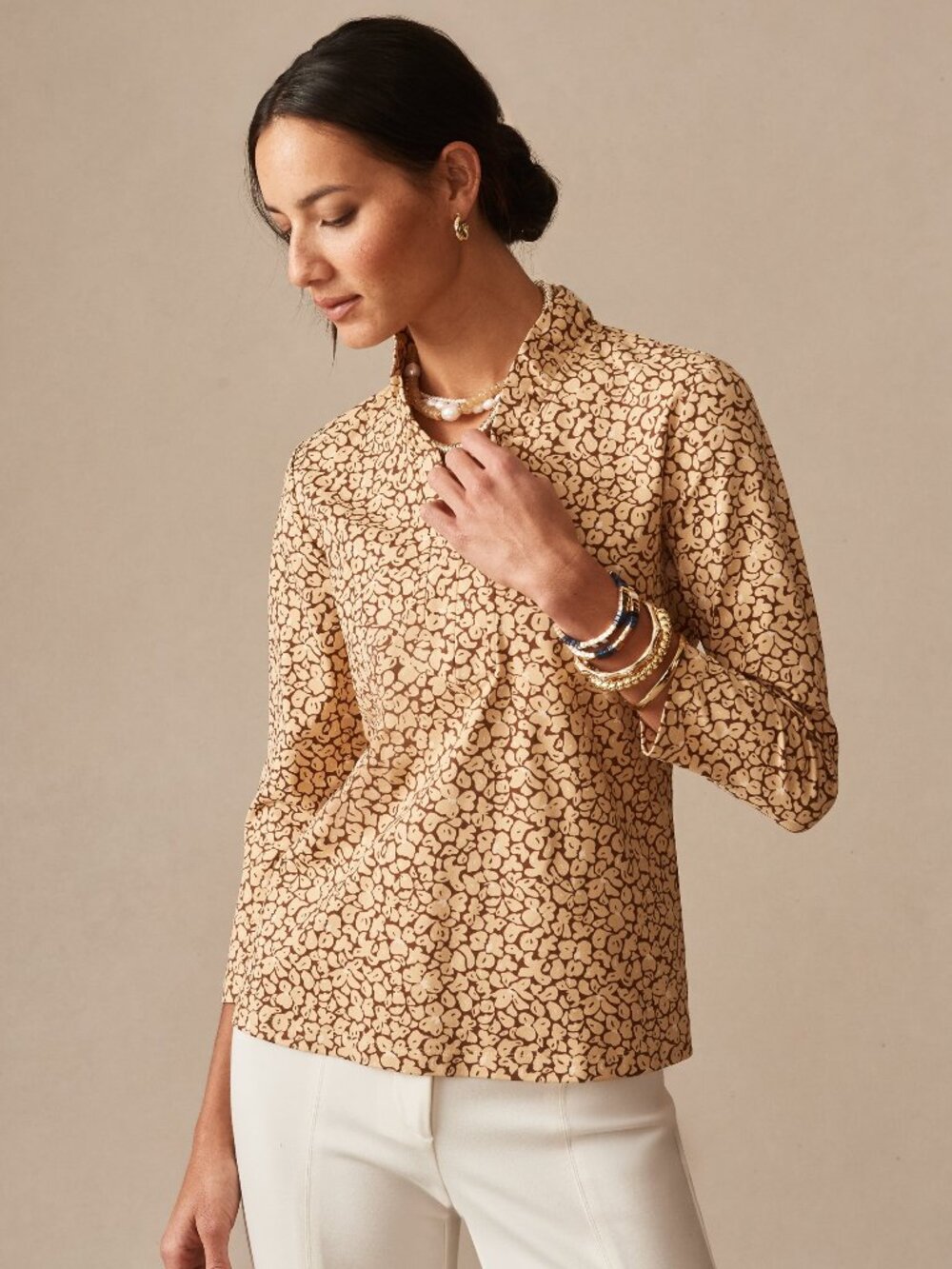 J McLaughlin Kate Ruffle Top in Celandine - Brown/Tan NEW